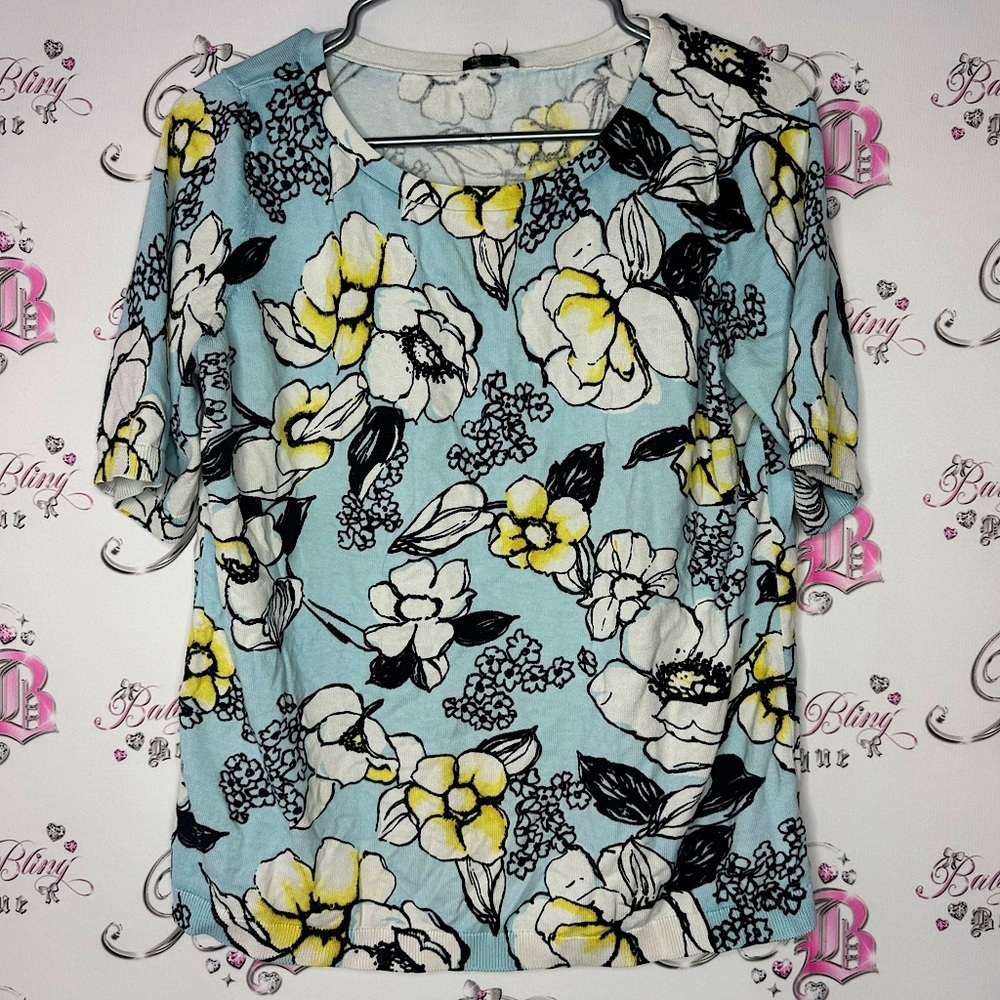 Talbots shirt floral flowers blue white yellow tshirt style sweater mock neck